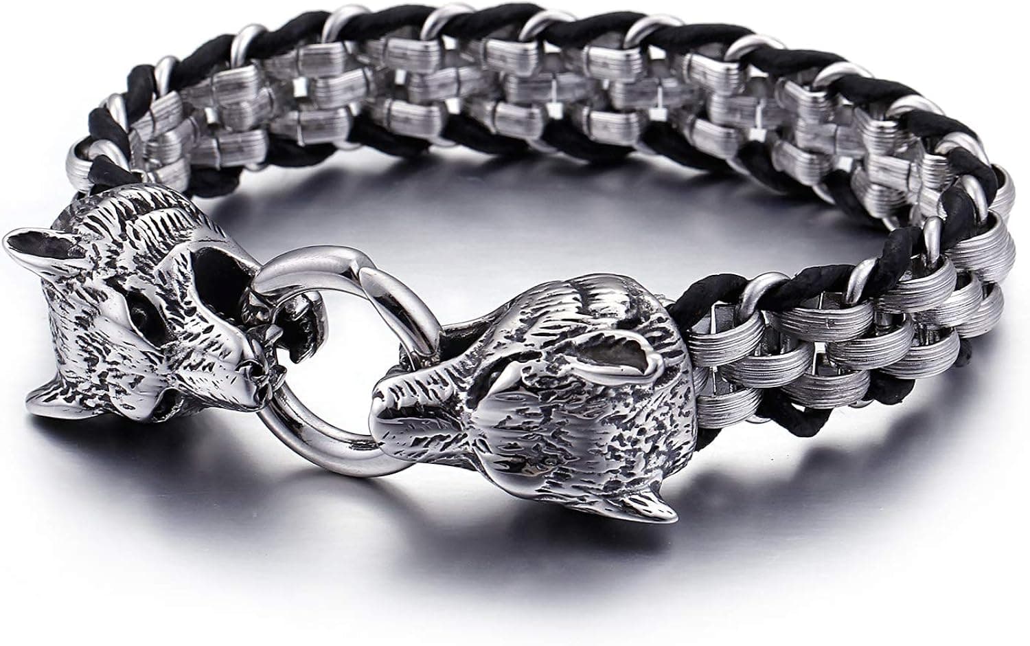 Azubpi Fashion Men's Bracelet Domineering Wolf Head Chain Head Unique Link Design Stainless Steel (Silver, 7.87)