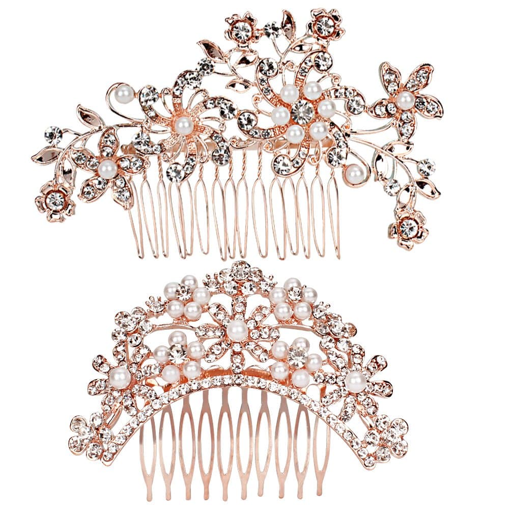 SuPoo Bridal Wedding Hair Comb Crystal Rhinestones Pearl Flower Headpiece Womens Hair Accessories, 2 Pack (Rose Gold)