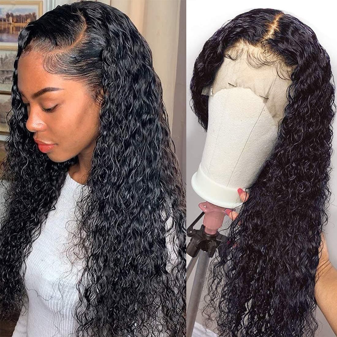 Brazilian Water Wave Lace Front Wigs with Baby Human Hair Wet and Wavy Water Wave 150% Density Virgin Glueless Remy Pre Plucked 100% Unprocessed Lace Front Wigs for Black Women Natural Color 14 inch