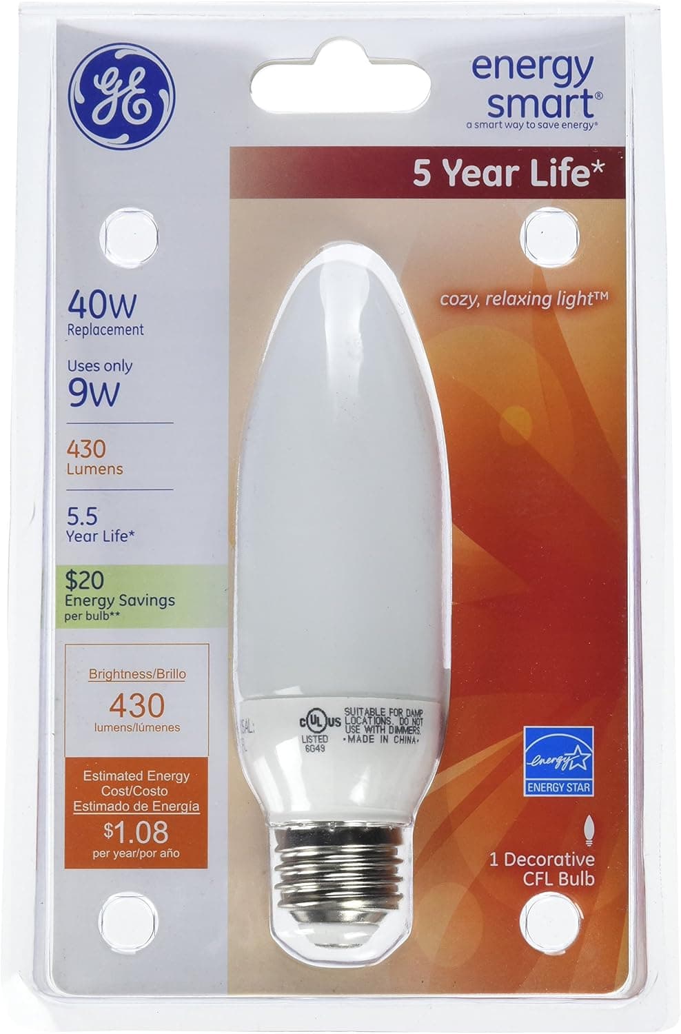 GE 24692 9-Watt 430-Lumen Decorative B13 CFL Bulb, Soft White