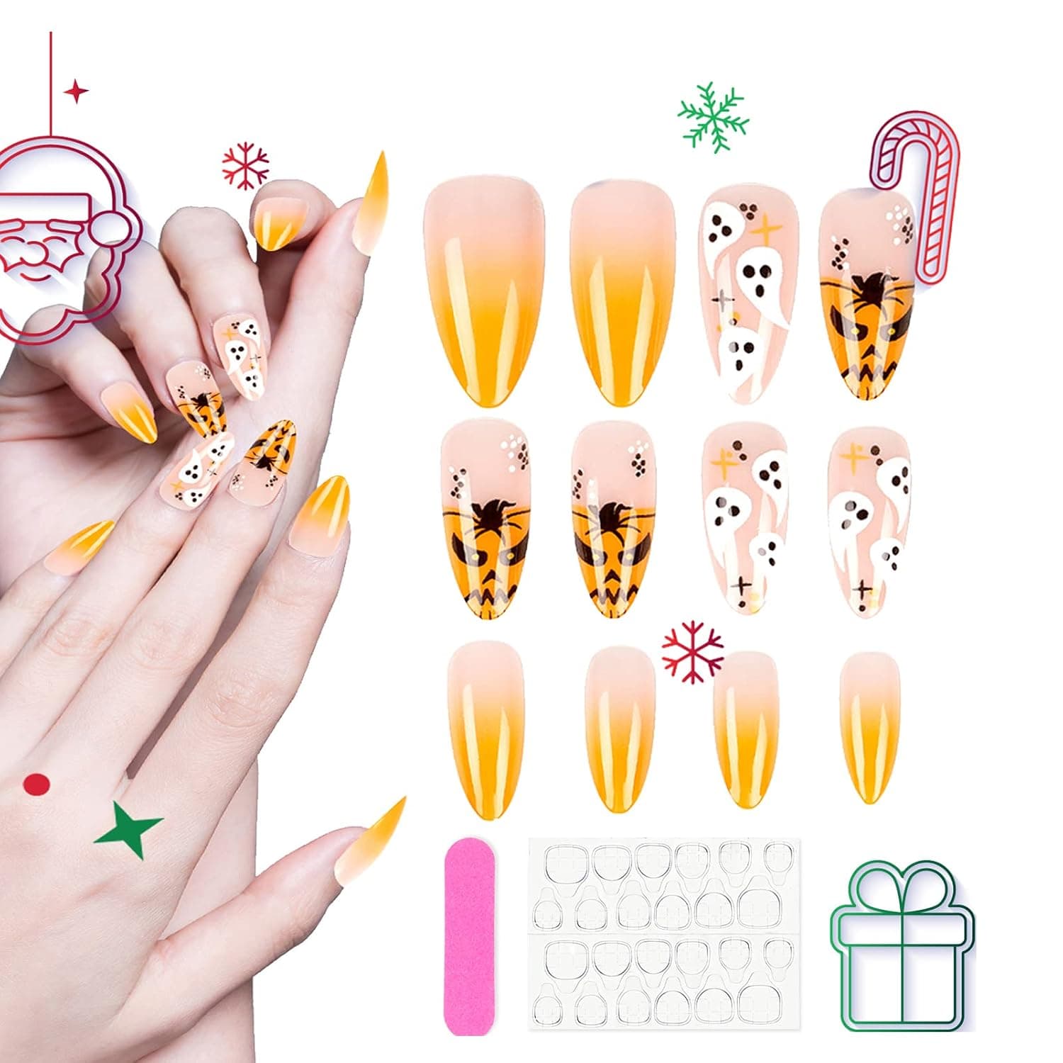 Halloween Nails Press on Nails Fake Nails with Design Pumpkin Ghost Almond Glue on Nails for Women Girls Full Cover Stick on Nails with Glue Sticker and Nails File Party Gift