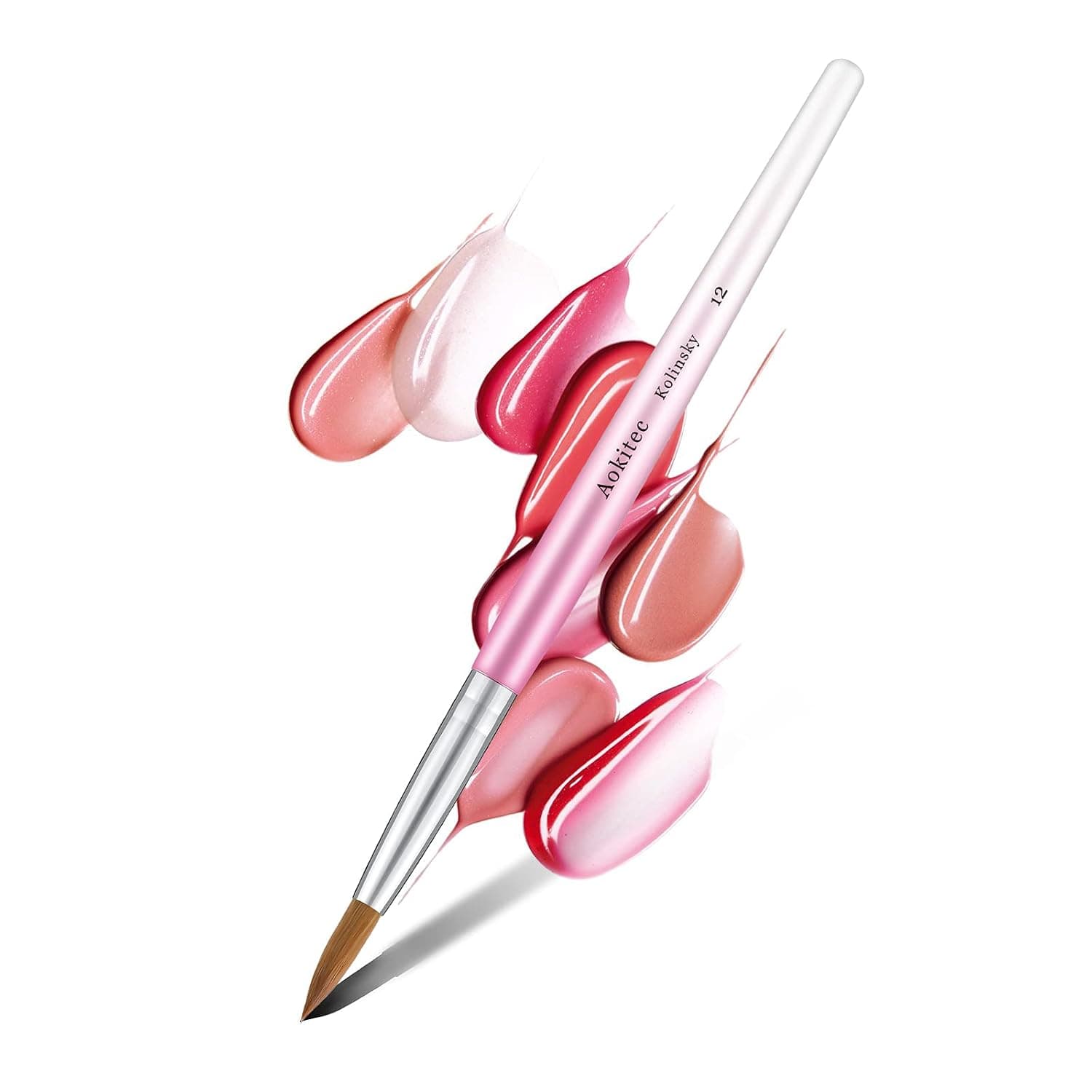 Aokitec -100% Kolinsky Acrylic Nail Brush #12 Oval Crimped Sable Acrylic Brush Wood Nail Art Brush for Acrylic Application Manicure Tool（Pink）