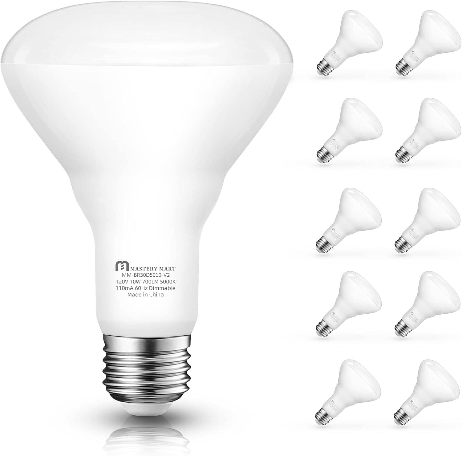 MASTERY MART BR30 LED Bulb, 10W Dimmable, 65 Watt Equivalent 2700K Soft White 700 Lumen, Wide Flood Light Bulb with E26 Screw Base, UL and Energy Star, Pack of 10
