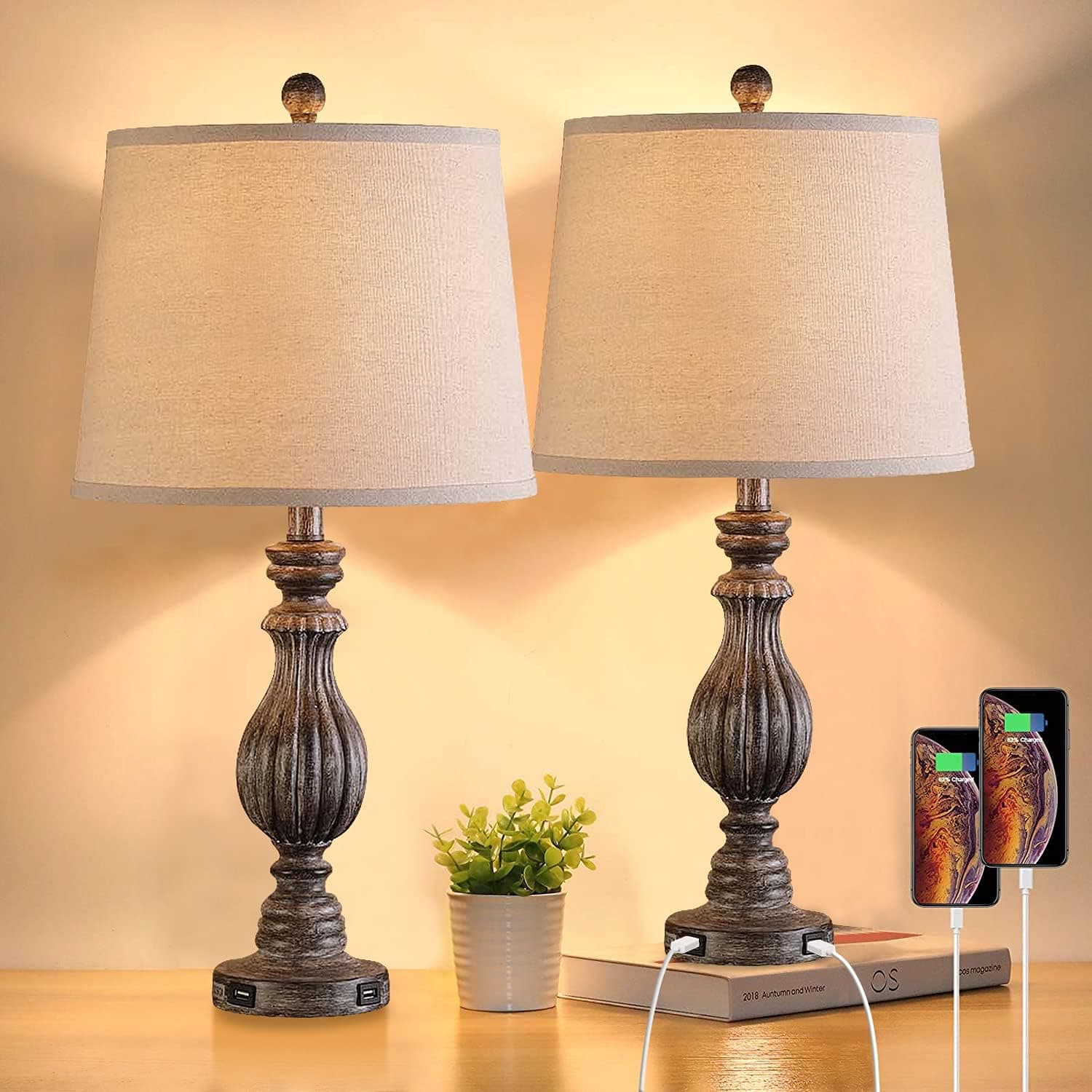 Pauwer 26" Farmhouse Table Lamps Set of 2 with Dual USB Charging Ports, Vintage Grey Resin Bedside Table Lamp, USB Nightstand Light Lamp for Living Room Bedroom Office