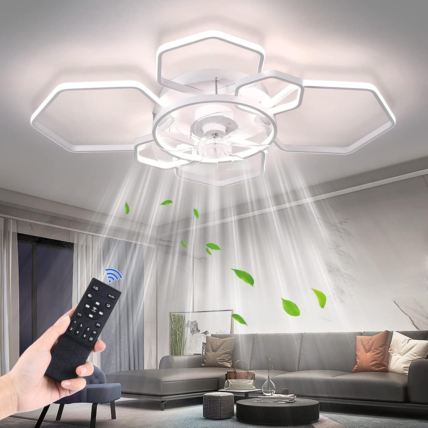 FATOLRD 41" Ceiling Fans with Lights, Modern Ceiling Fan Remote & APP Control, Dimmable Flush Mount LED Lights & 6 Speeds Reversible Blades Timing, for Bedroom Living Room (White)