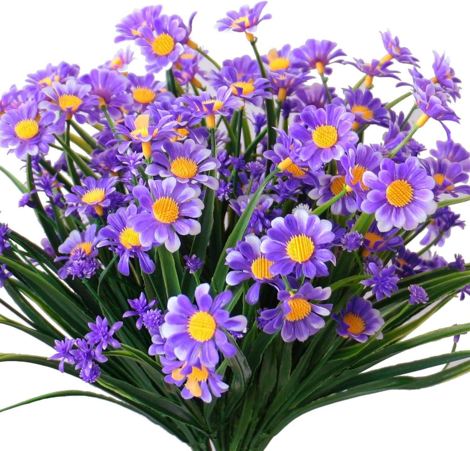 YXYQR Artificial Daisies Flowers Outdoor UV Resistant Fake Daisy with Stems Plastic Plants for Backyard, Window Box, Hanging Planter, Garden, Home Decoration 4 Pack (Purple)
