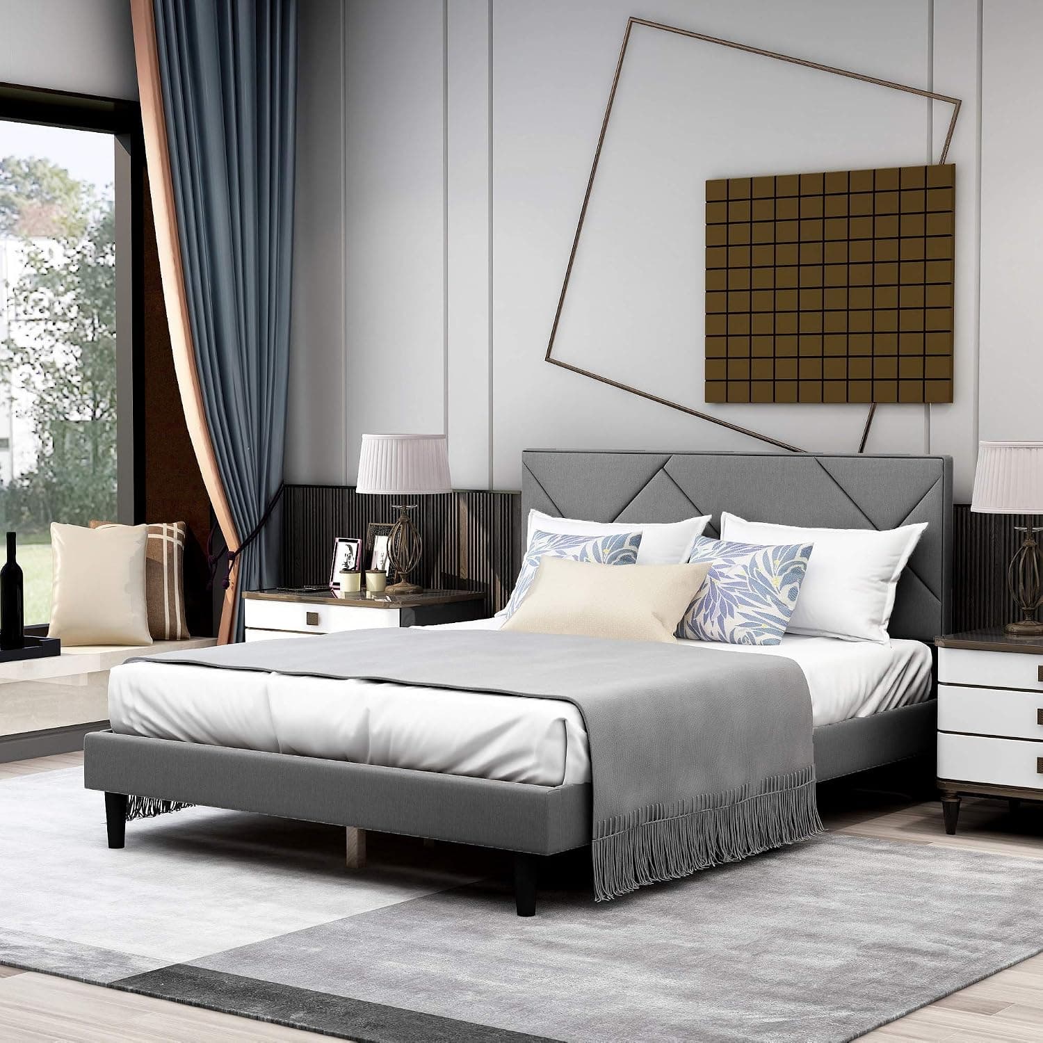 AGARTT Upholstered Platform Bed Frame/Wooden Slats Support/No Box Spring Needed Grey Sand, Queen