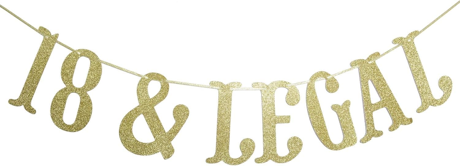 18 & Legal Gold Glitter Garland Banner-Funny Happy 18th Birthday Party Supplies, Ideas and Decorations