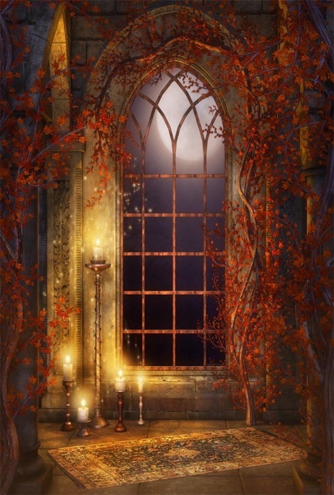 AOFOTO 5x7ft Vintage Gothic Room Background Moonlight Arched Window Photography Backdrop Interior Candles Vines Girl Boy Child Kid Lovers Portrait Halloween Photo Studio Props Video Drape Wallpaper