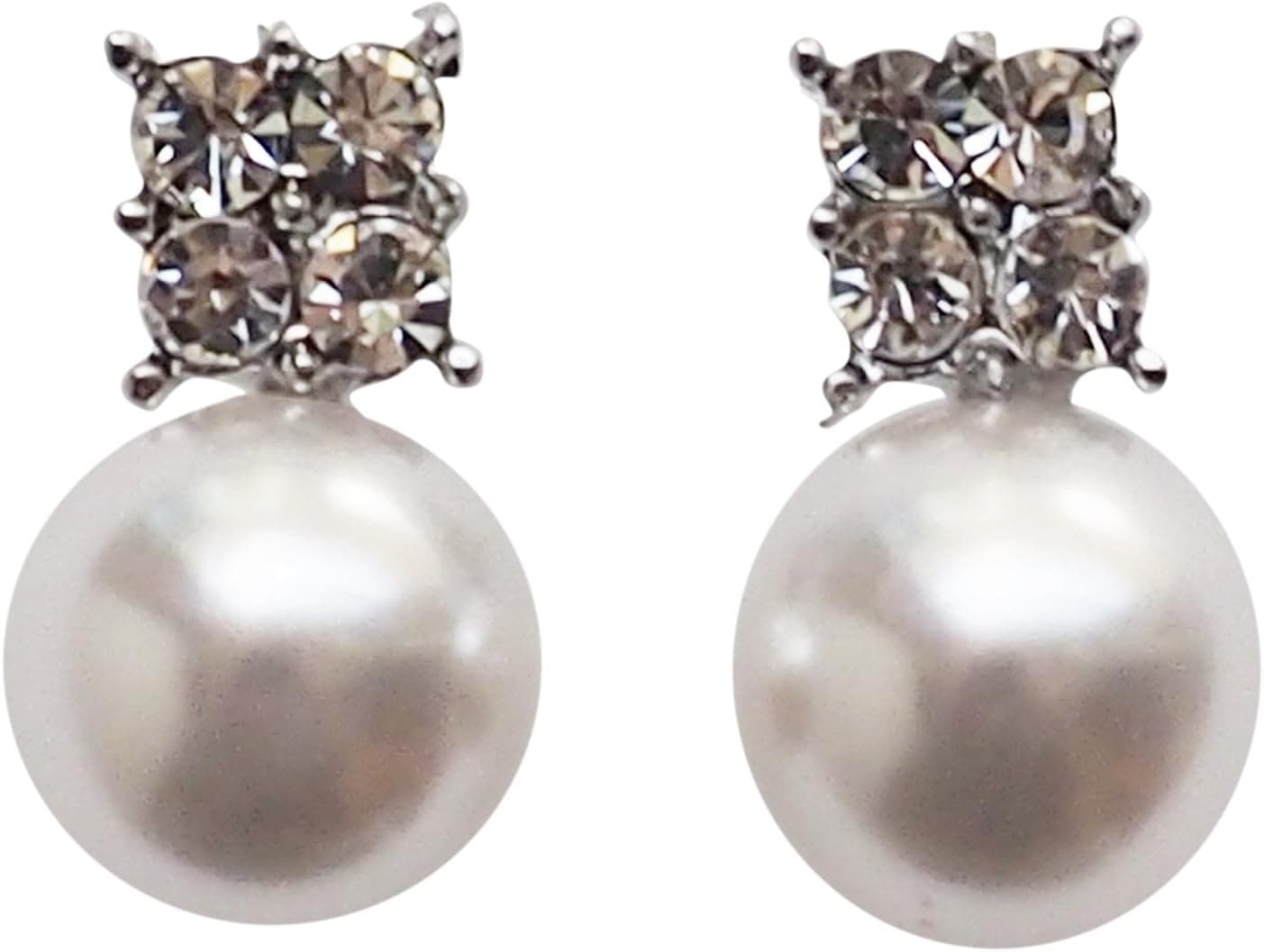 Women’s White Pearl Invisible Clip on Earrings – Comfortable Bridal Crystal Non Pierced Clip on Stud Earrings Miyabi Grace Gold Silver tones Wedding