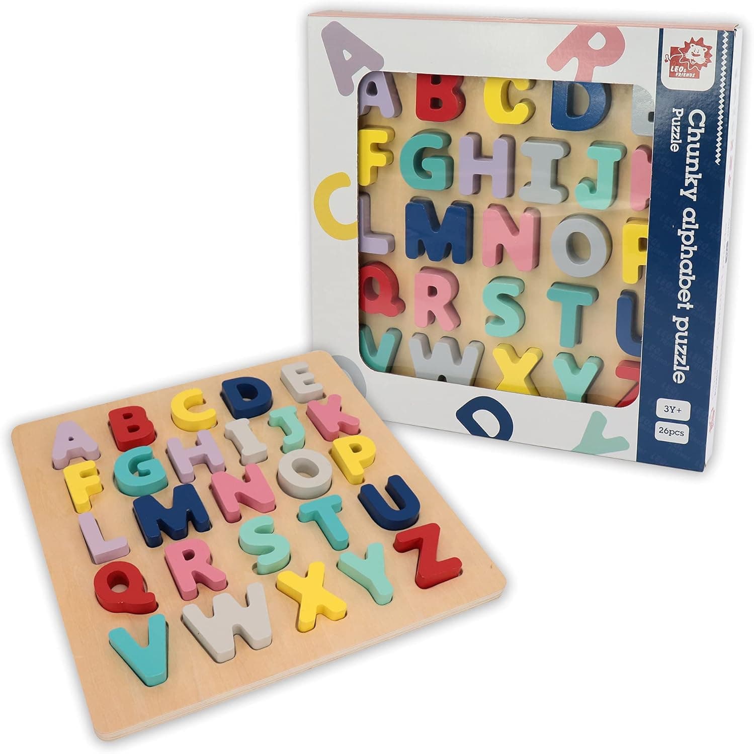 LEO & FRIENDS Chunky Alphabet Puzzle, Wooden Upper Case Letter Board，ABC Jigsaws Chunky Letters Early Learning Toys for Early Educational Learning, Preschool Puzzle Gifts for Baby Boys and Girls