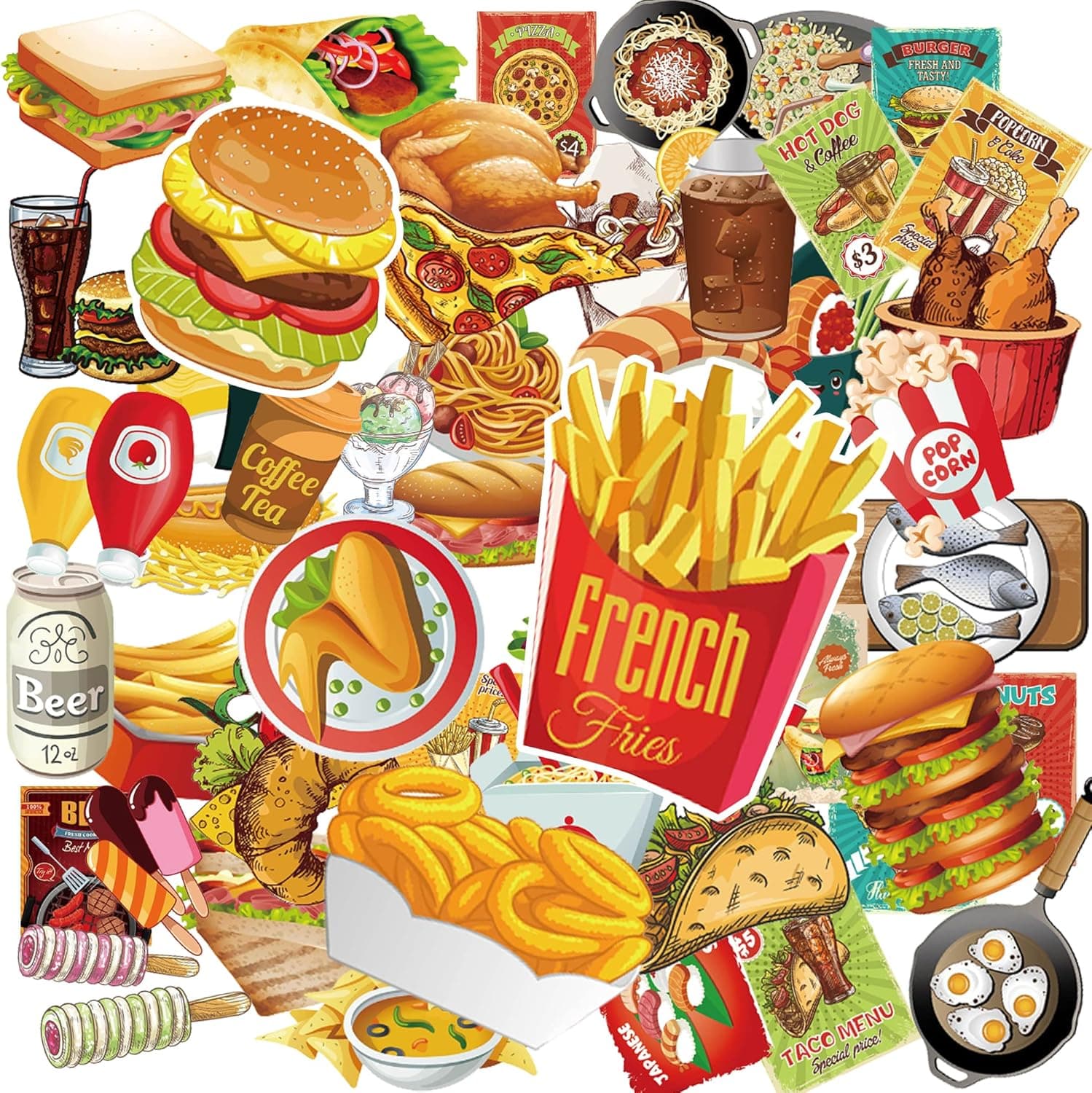 Food Stickers, Cute Fast Food Stickers, Chips Hamburger Stickers, Aesthetic Waterproof Stickers for Teens Girls, Vinyl Stickers for Laptop, Hydro Flask, Phone, Skateboard, Luggage(50Pcs)