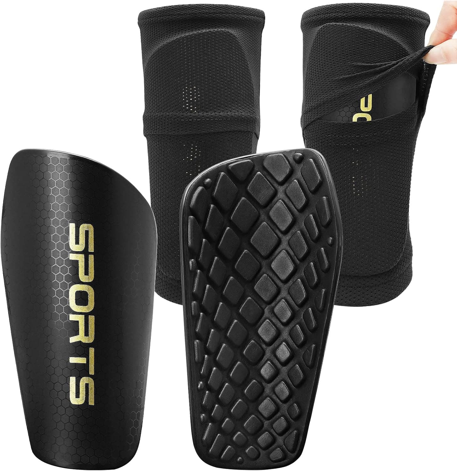 Shin Guards Soccer Youth, Shin Guards Kids with Upgraded Non-Slip Pockets Sleeves, Breathable Child Calf Cushioning Protective Gear for 3-15 Years Old Boys Girls Kids Teenagers