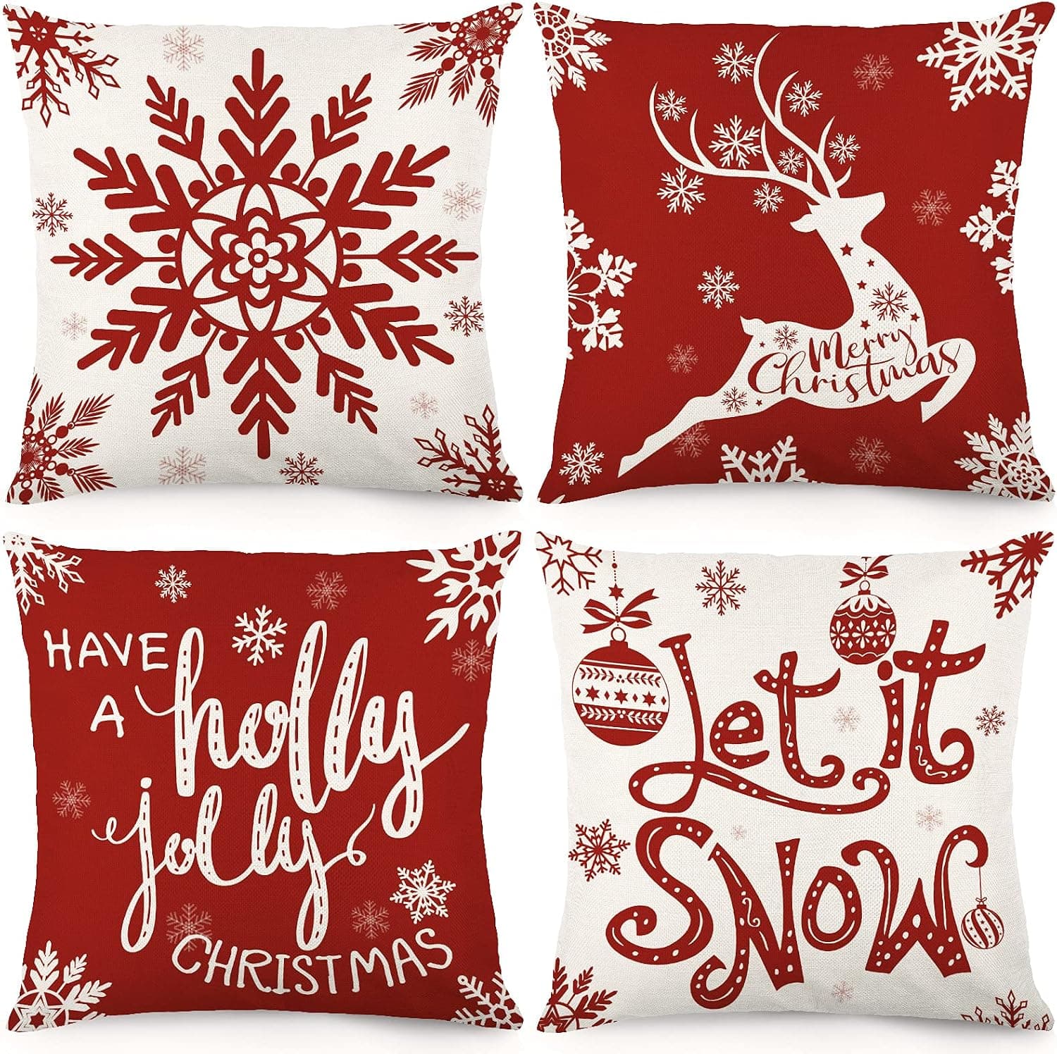 CDWERD Christmas Pillow Covers 18x18 Inch Christmas Decorations Holiday Decorative Throw Pillowcase Snowflake Deer Farmhouse Linen Cushion Case for Home Decor Set of 4