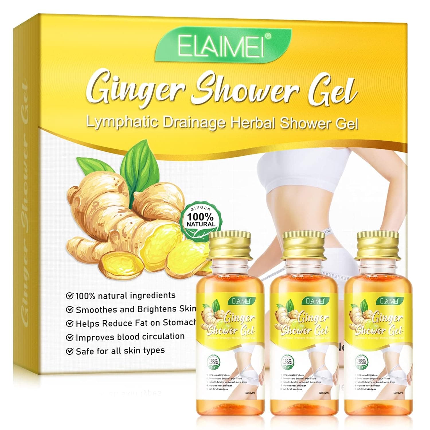 RTBYUE 3Pcs Ginger Body Wash Turmeric Slimming Shower Gel Ginger Lymphatic Drainage Herbal Body Wash Deep Moisture Natural Organic Refreshing Shower Gel for Rejuvenating The Skin