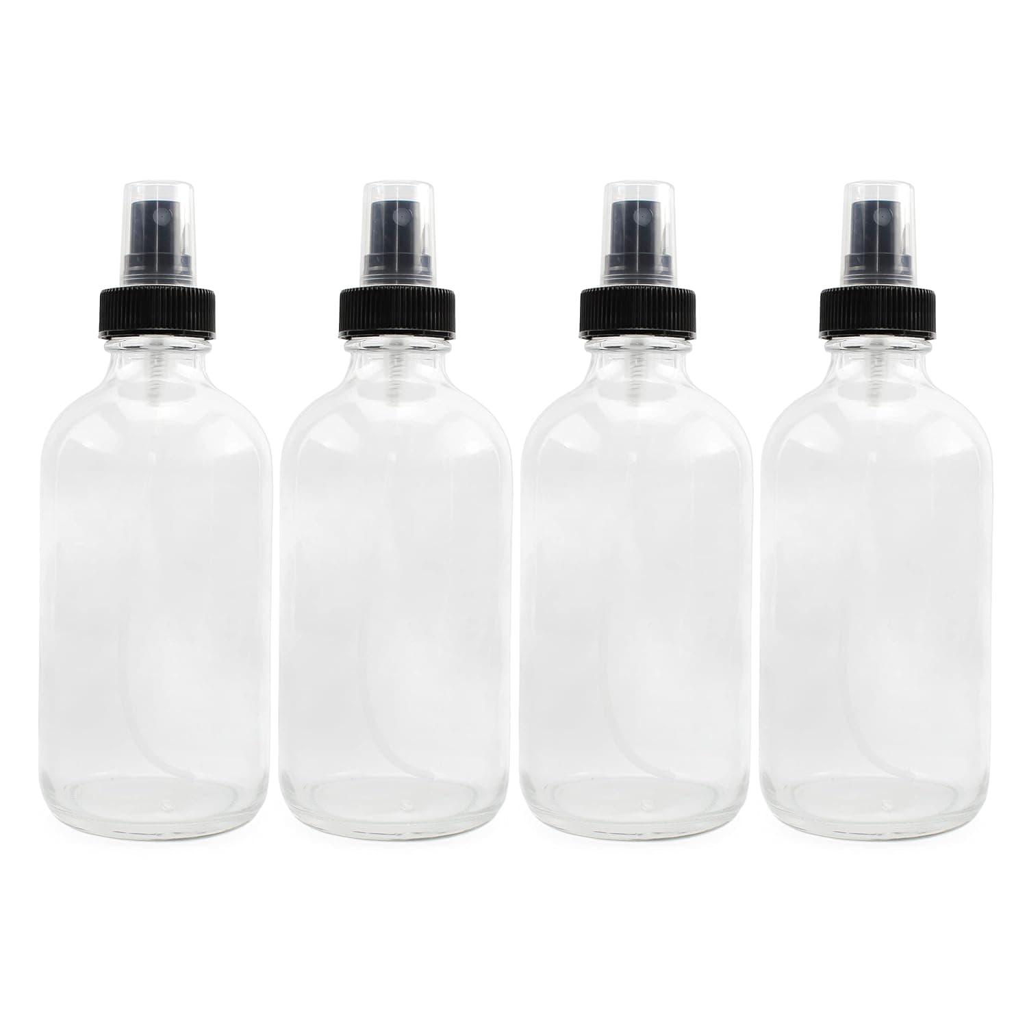 Cornucopia 8-Ounce Clear Glass Fine Mist Spray Bottles (4-Pack); Boston Round w/Atomizer Spritzers for Aromatherapy, Perfume, Cologne, DIY & More