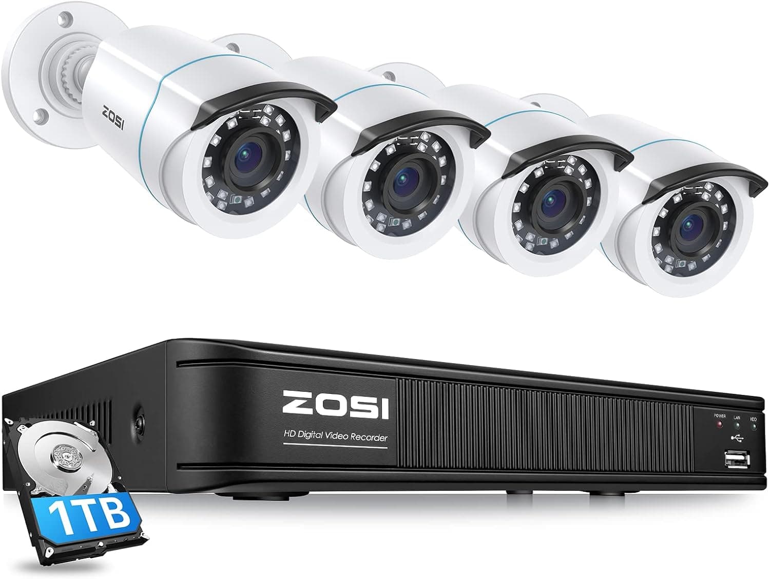 ZOSI H.265+1080p Home Security Camera System,5MP-Lite 8 Channel CCTV DVR Recorder with Hard Drive 1TB and 4 x 1080p Weatherproof Bullet Camera Outdoor Indoor with 80ft Night Vision, Motion Alerts