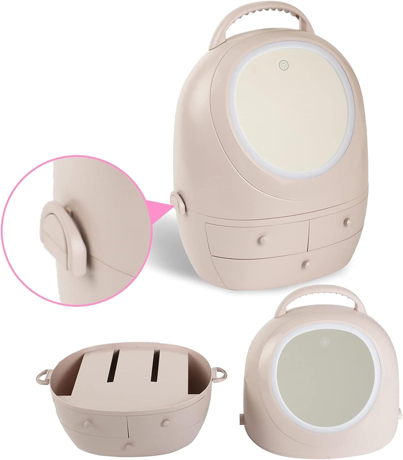 Multifunctional waterproof and dustproof belt handle, cosmetic storage box with LED light mirror, can put skin care products, perfume, suitable for bathroom, dressing table, countertop (3 drawers) (pink)