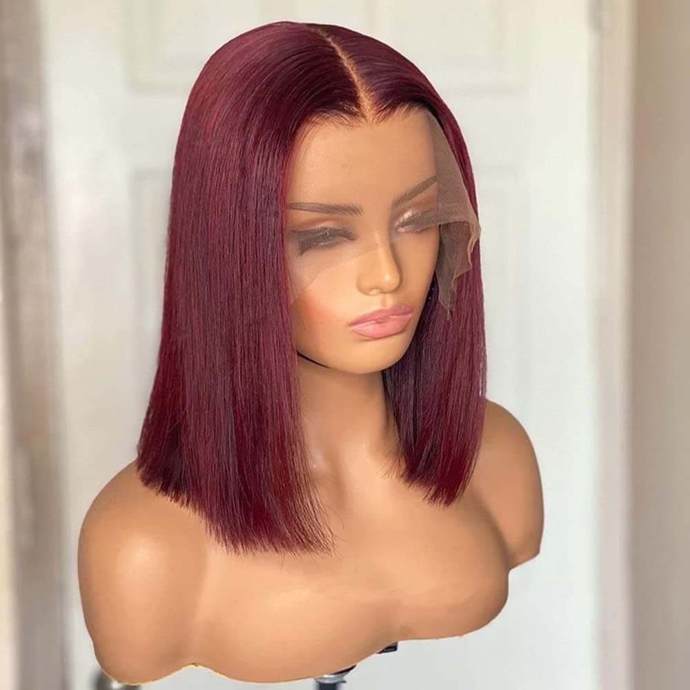 QUINLUX HD Transparent Lace Short Bob Human Hair Wigs Pre Plucked 13X6 Lace Front Wig 150% Density Brazilian Remy Hair Bob Cut Human Hair wig for Woman #99j Color (10 inch, 99j（13X6 lace front wig）)