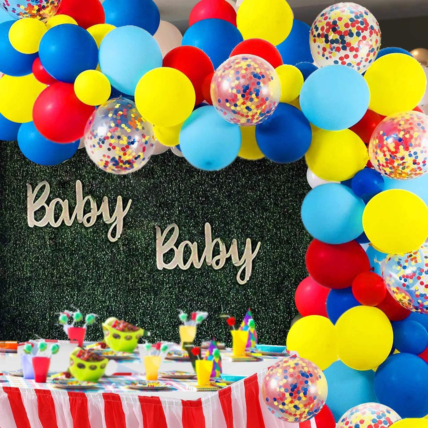 Carnival Circus Balloon Arch and Garland Kit, 103 Pack Red Blue Yellow Latex Balloons and Rainbow Multicolor Pre-Filled Confetti Balloon for Carnival Baby Shower Wedding Birthday Graduation Anniversary Bachelorette Party Background Decorations