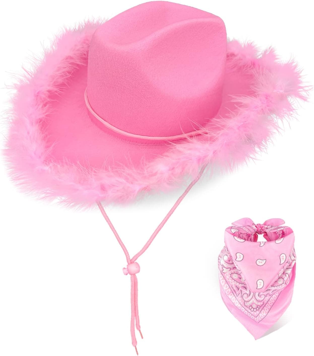 LMJFOR Pink Cowboy Hat with Feather, Pink Feather Cowgirl Hat with Bandana, Cowgirl Hats Women for Halloween Bachelorette Party Theme Party Costumes Role-Playing(PINK COWBOY HAT)