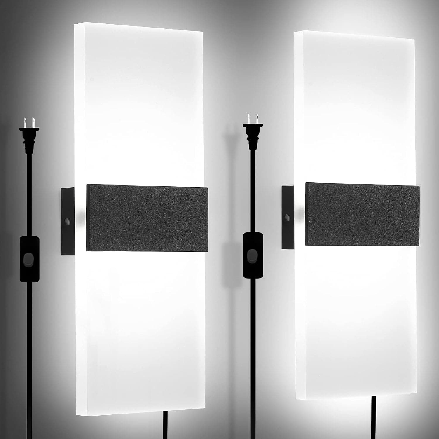 Eiainifll Modern LED Wall Sconce 12W, Set of 2 LED Plug in Wall Lamp, Acrylic LED Wall Light with 6FT Plug in Cord and On/Off Switch Indoor