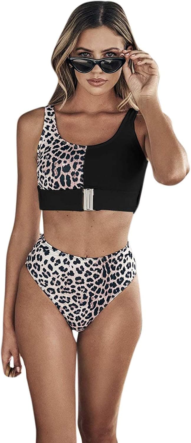 Floerns Women's High Waist Leopard Bikini Buckle Front Two Piece Cheetah Swimsuit Black M