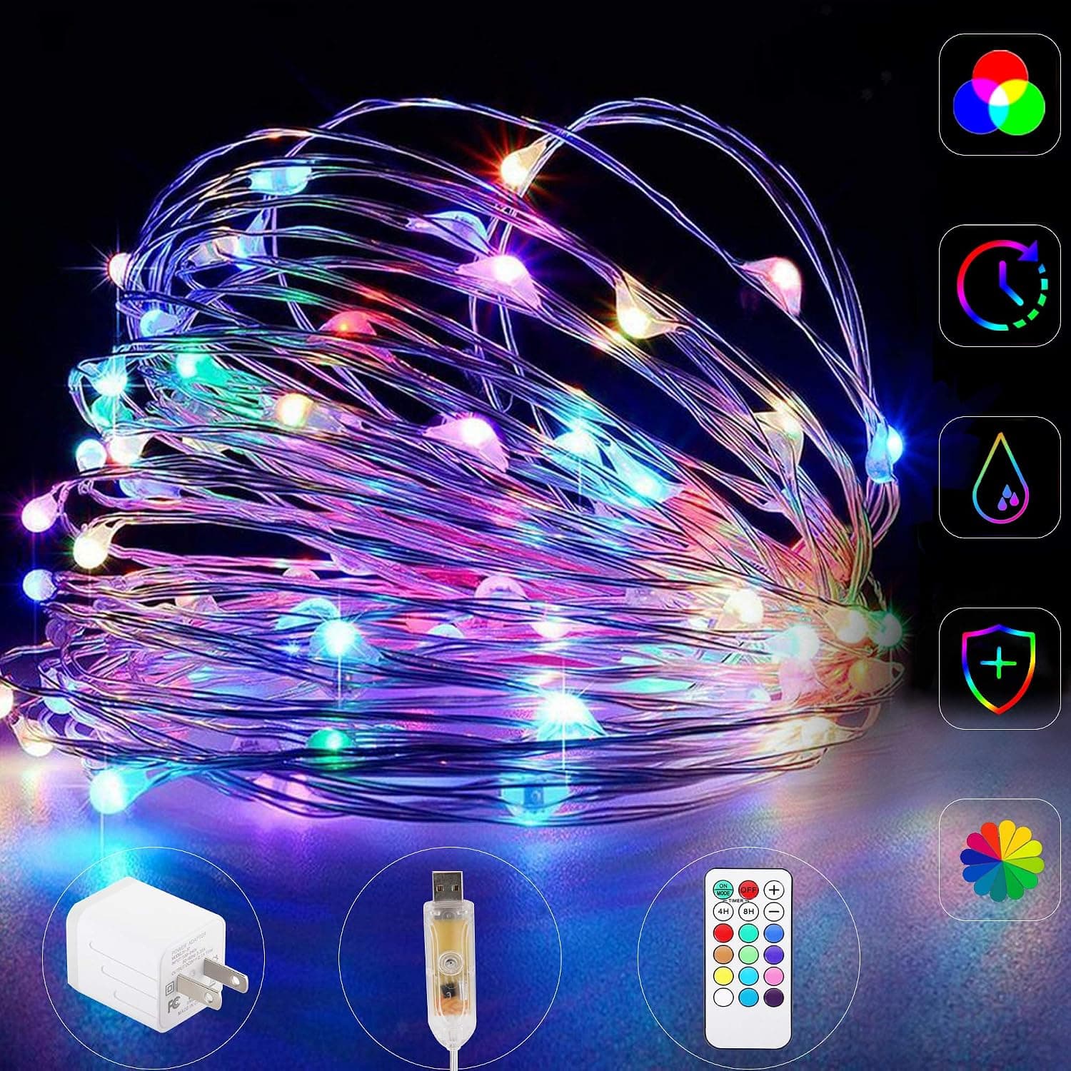 LED Fairy Lights USB Fairy String Light Plug In, 33FT 100 LED Waterproof Color Changing Lights with Remote & Timer & Power Adapter, Copper Wire Twinkle Light Firefly Lights for Bedroom Christmas Decor
