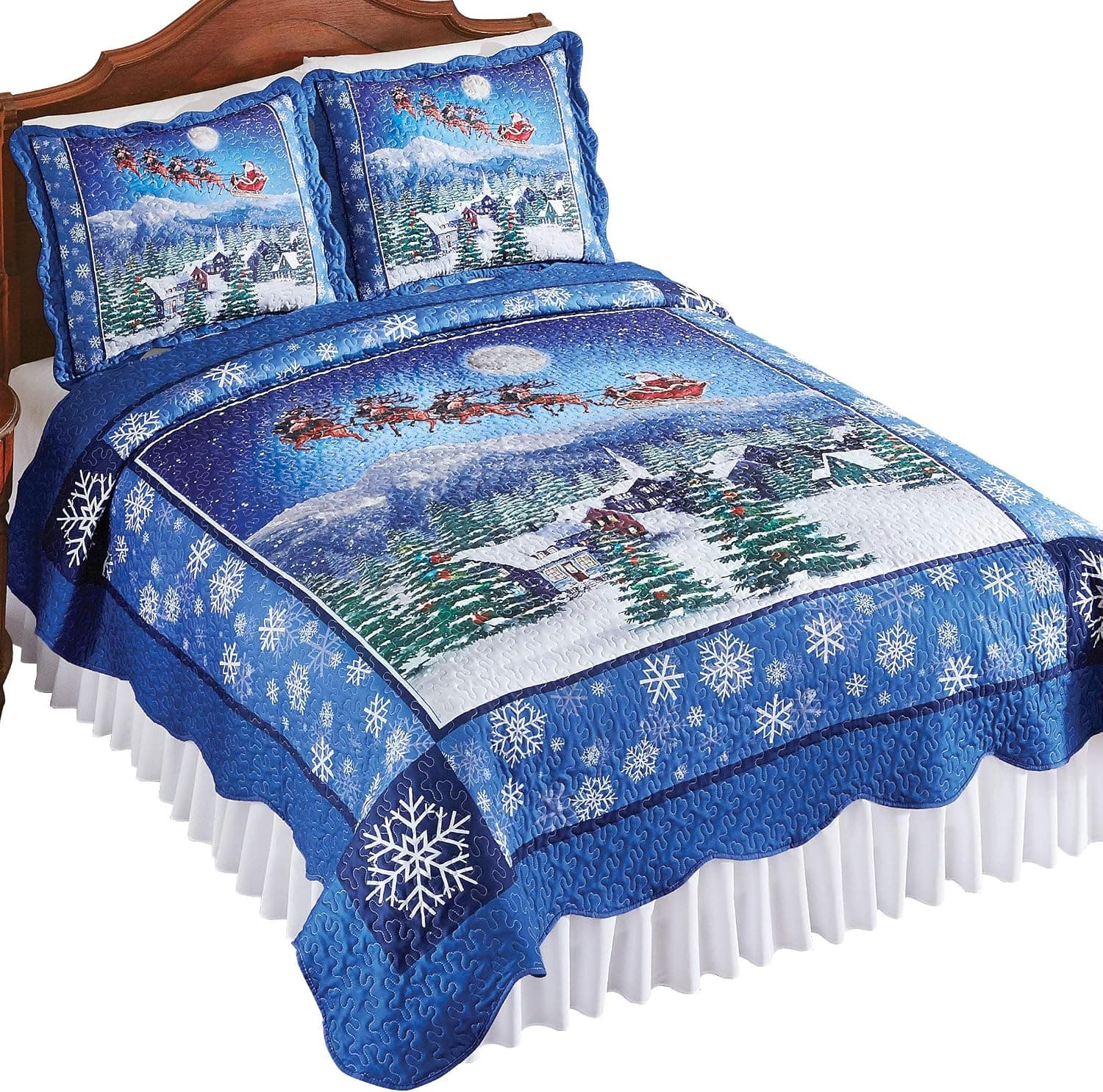 Collections Etc Night Before Christmas Scene Quilt with Snowflake Accents and Scalloped Edges - Seasonal Bedroom Decor