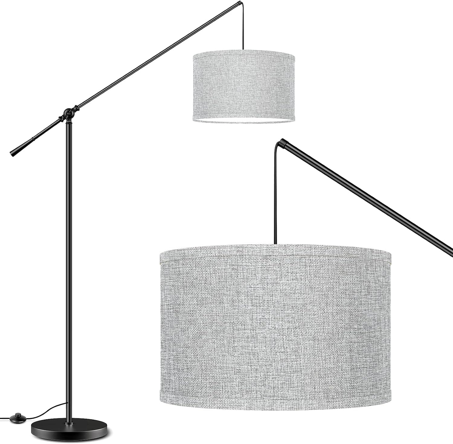 Arc Floor Lamp with Hanging Drum Shade, Modern Standing Lamp Adjustable Height, Simple Design Black Pole Lamps with Foot Switch, Tall Stand Lights for Living Room Bedroom Office Reading, Gray