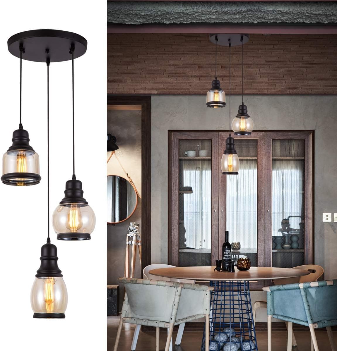 Weesalife Cluster Pendant Light with Tawny Glass Jar Shade Matte Black 3-Lights Adjustable Hanging Lighting Fixture, Industrial Antique Pendant Lamp for Kitchen Island, Dining Room, Foyer, Farmhouse