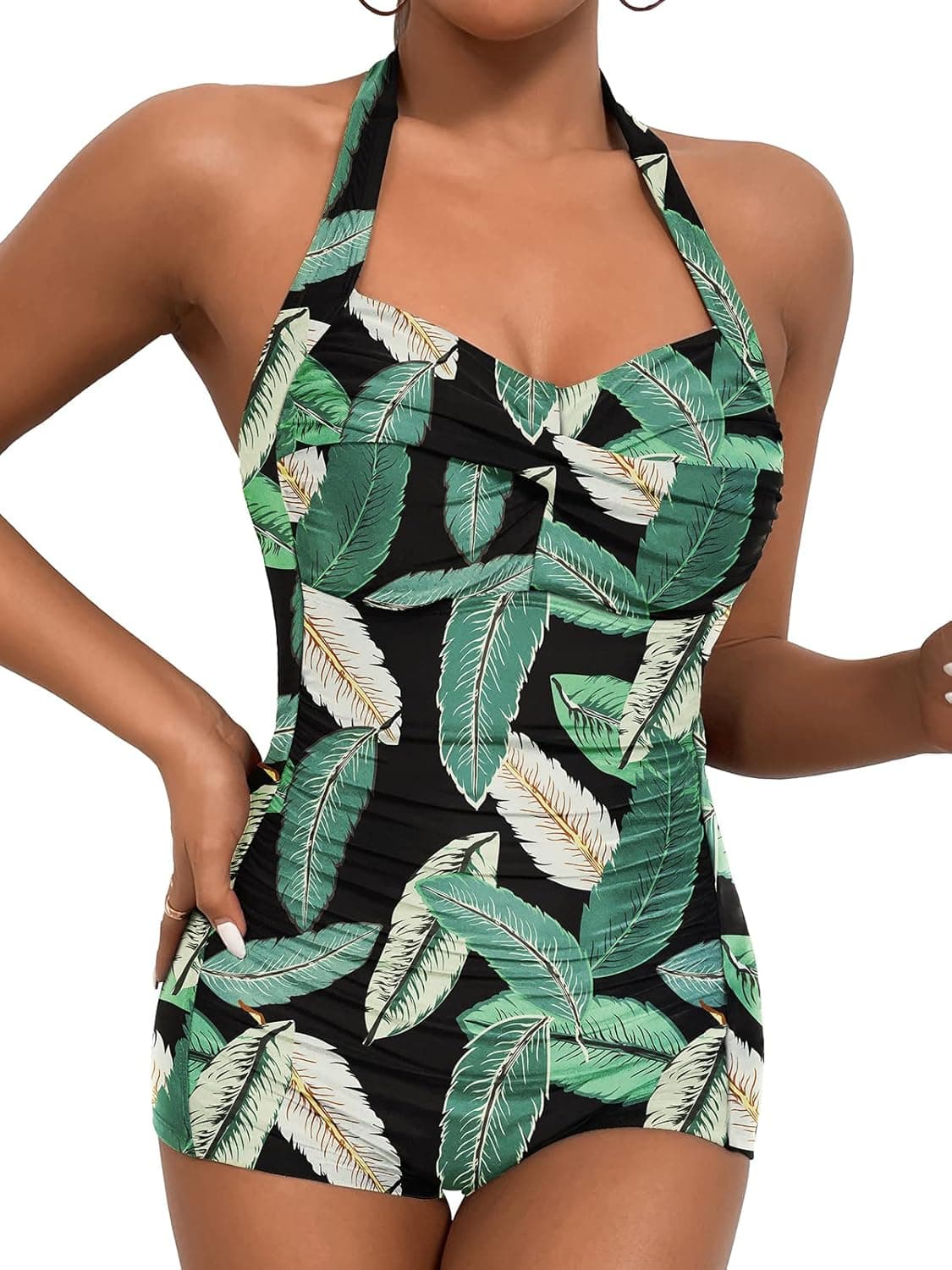 Women's Retro Tummy Control Swimsuits Halter One Piece Slimming Swimwear,Vintage Boyshorts Ruched Push Up Bathing Suit
