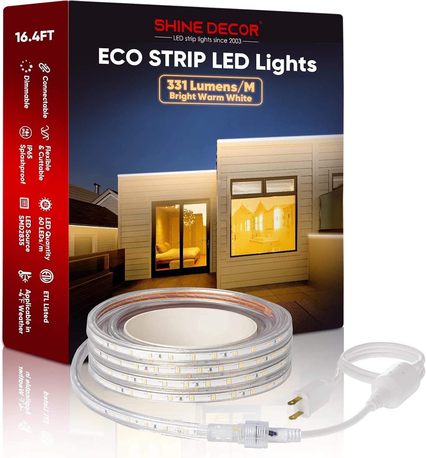 Shine Decor LED ECO Strip Light 2800K Warm White, Cold Resistant Waterproof 331 Lmn/M Bright Rope Light, AC120V End-to-end Connectable Lighting Strips Cuttable for Indoor Outdoor, 16.4FT ETL Listed