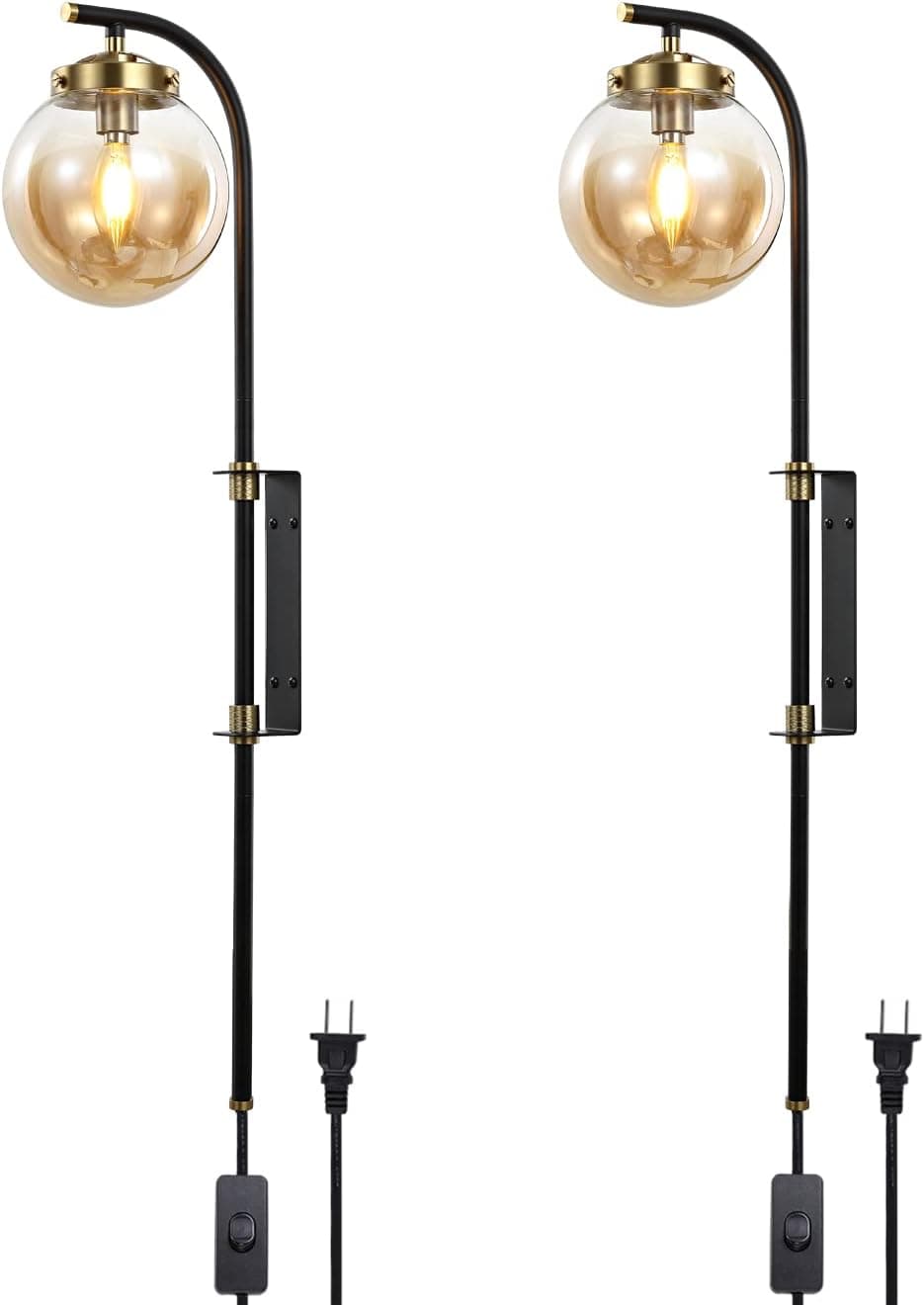 ELEHINSER Wall Sconces Set of 2, Indoor Slim Glass Globe Wall Lamps with Plug in Cord, Modern Angle Adjustable Wall Mounted Light, Wall Lamp for Bedroom Living Room Study Hallway Bedside
