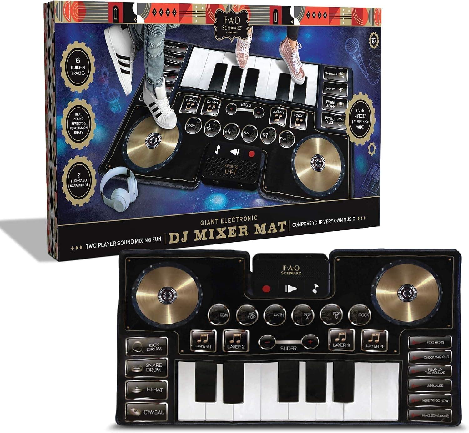 FAO Schwarz Giant Electronic Dance Mat DJ Mixer with Piano Keyboard & Turntable Scratch Pads, Includes Built-in Soundtracks & Vocal & Percussion Sound Effects for Composing & Recording Your Own Music
