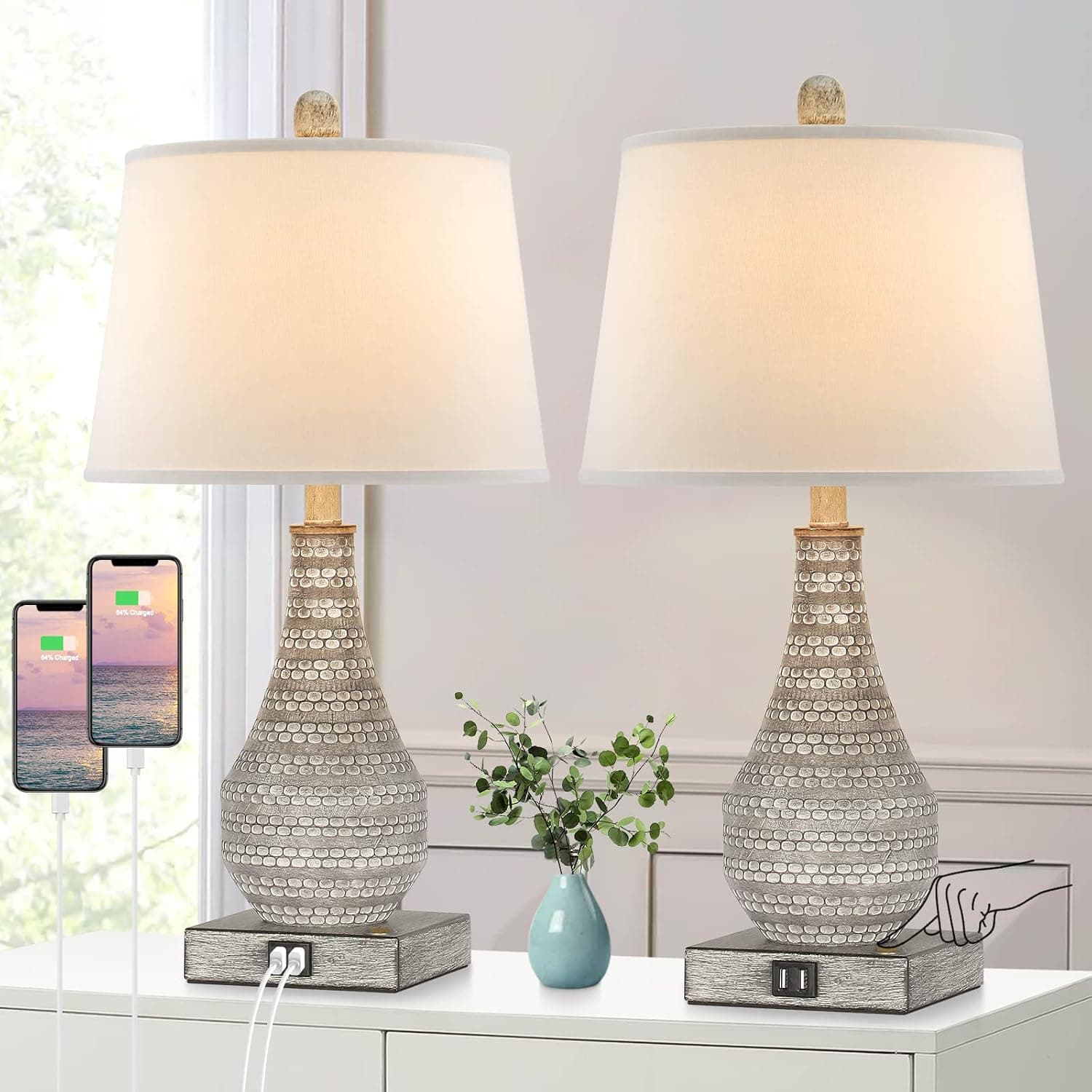Set of 2 Table Lamps For Bedroom, Bedside Touch Control Lamps with 2 USB Ports, Nightstand Table Lamp Set 3 Way Dimmable Lamps for Bedroom Living Room End Table Reading, 2700K Edison Bulbs Included