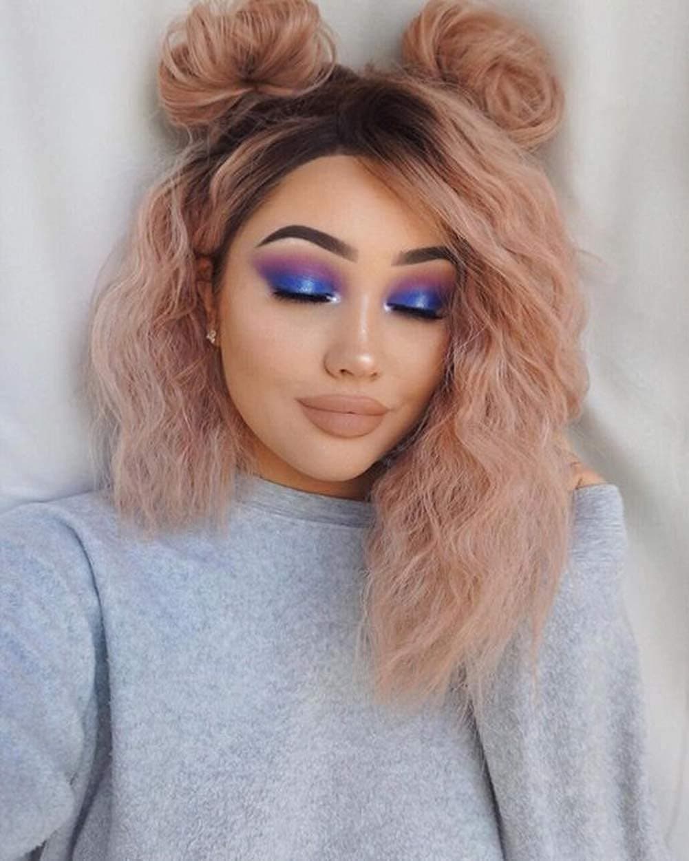 Pinkshow Short Synthetic Pink Lace Front Wigs Pastal Pink Bob Curly Dark Root 2 Tone Color Lace Wigs for Fashion Women Daily Life Party 14 Inch (Pink)