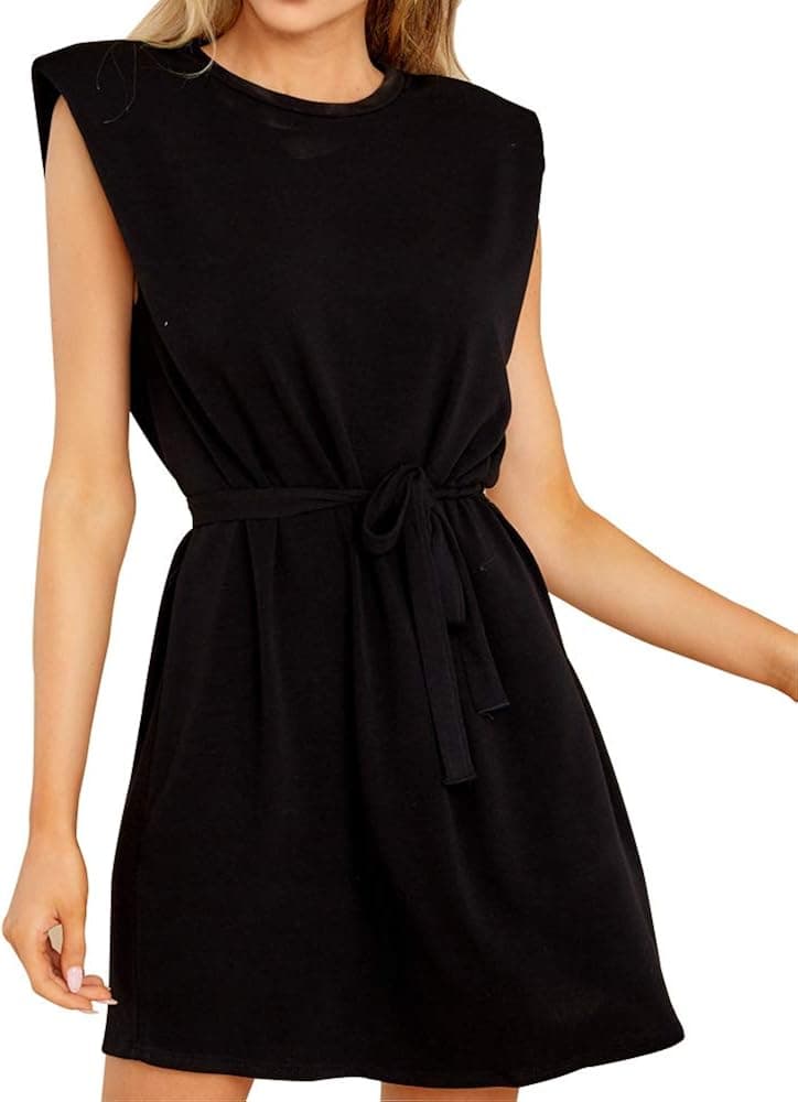 Joteisy Women’s O Neck Padded Shoulder Sleeveless Tie Waist Mini Dress