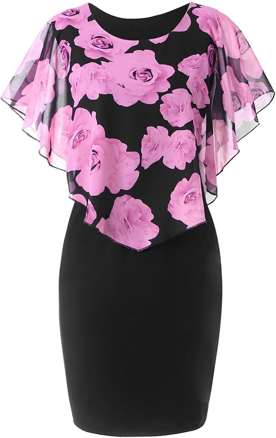 TBKOMH Spring Plus Size Dresses, Fashion Women's Casual Rose Print Chiffon O-Neck Ruffles Mini Dress, Ladies Fashion