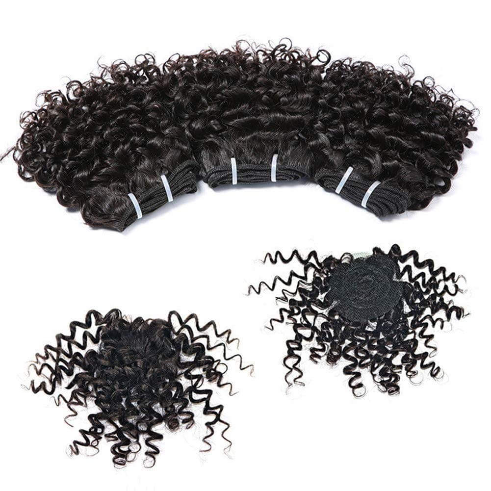 Aiokrtse Peruvian Virgin Hair Short Kinky Curly Human Hair Weave Bundles 3 Bundles 6 inches with 1 Small Closure 122 Grams Natural Colour