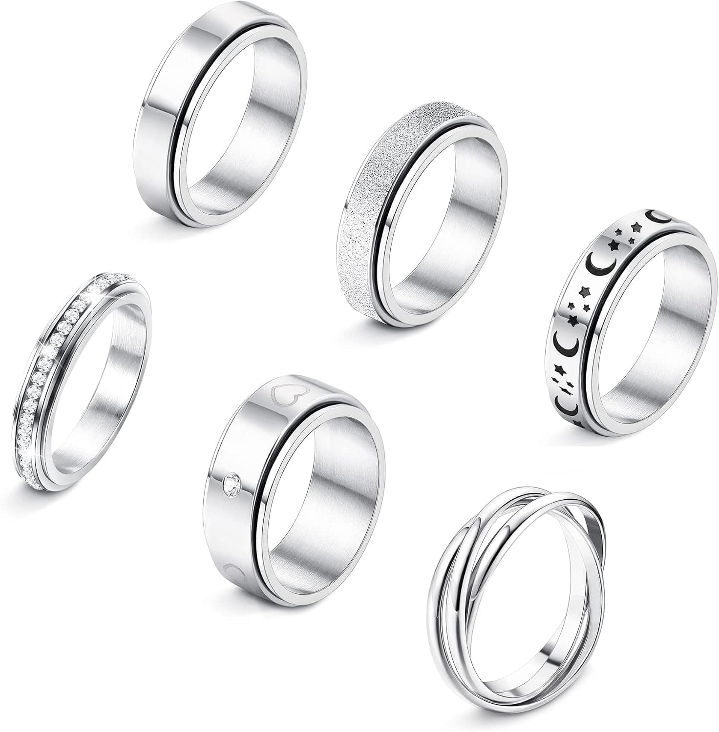 MUSECLOUD Fidget Ring Black Anxiety Ring For Women Mens Rings Size 6-11 Stainless Steel Stackable Thumb Bead Fidget Band 8mm 6mm Knuckle Finger Spinner Ring Set 6-15pcs
