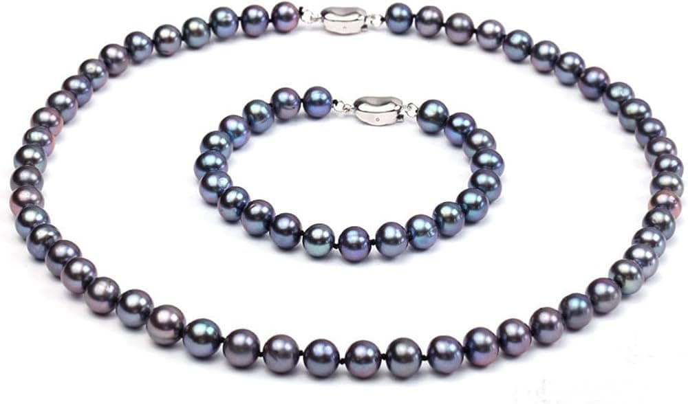 JYX Pearl Necklace and Bracelet AAA 8-9mm Round Black Freshwater Pearl Necklace Set for Women