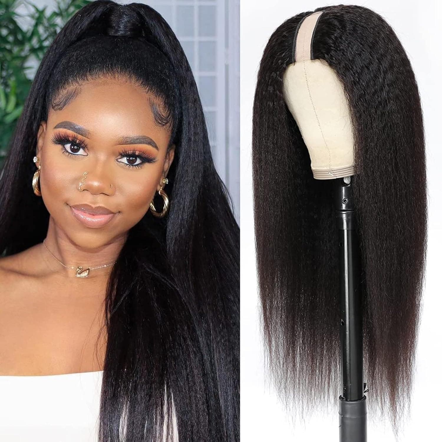 Arwusrt U Part Human Hair Wig Kinky Straight U Part Wig for Black Women Gulueless Yaki Kinky Straight Human Hair Wig 1x4 U Shape Clip in Wig Brazilian Virgin Hair 150% Density Natural Color 22 Inch