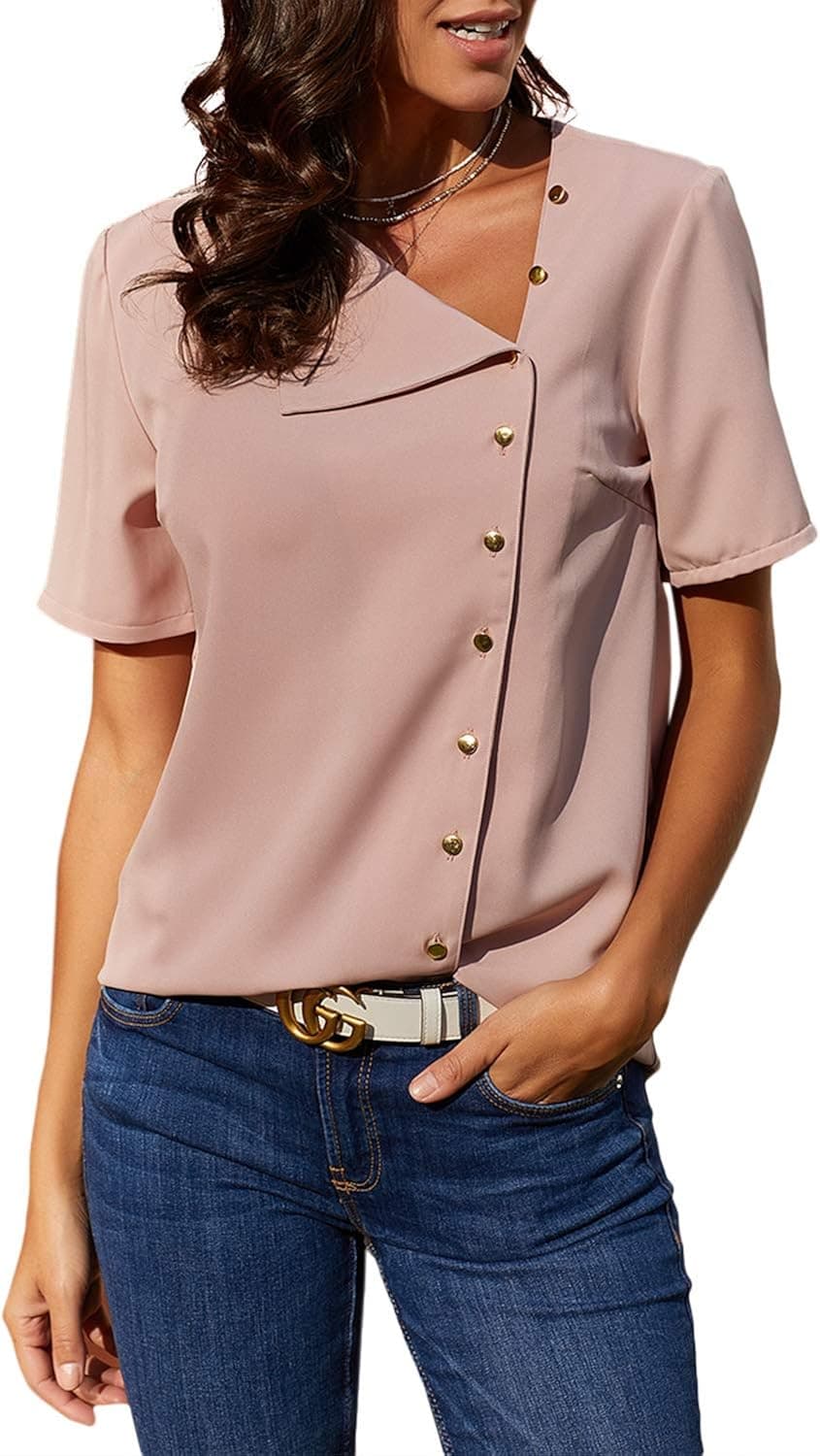 Sidefeel Women Asymmetric Short Sleeve Blouse Chiffon Button Down Shirt Tops Large Pink
