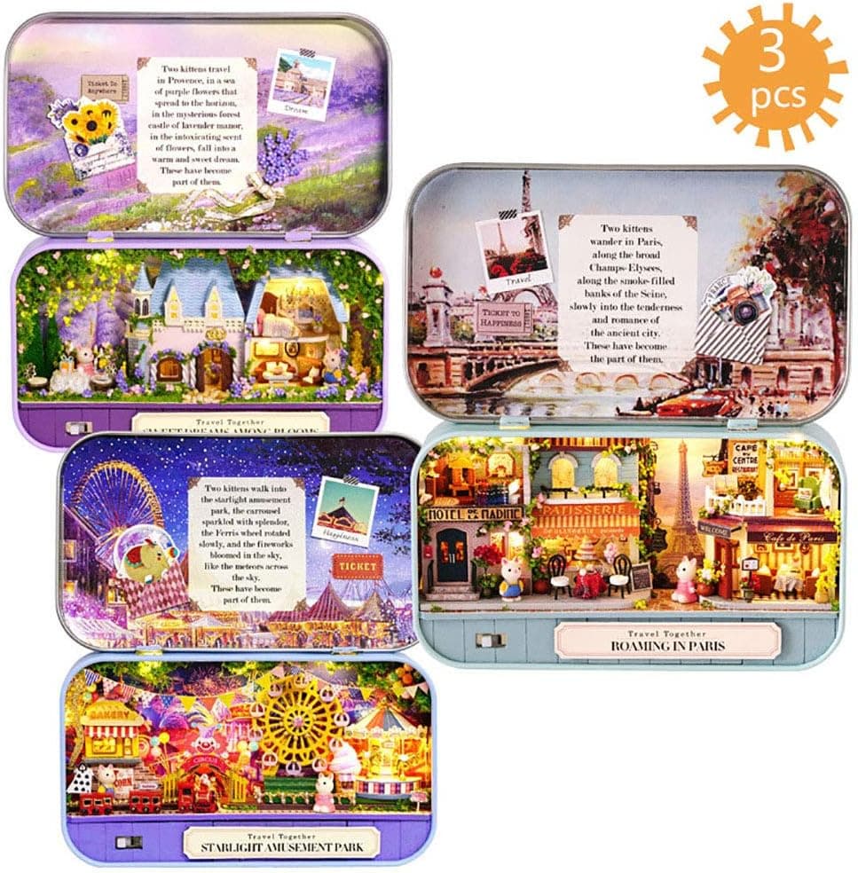 WYD Sweet Dreams/Starlight Tour/Walking Paris 3 Miniature Dollhouse Kits Miniature Scenes Small Iron Box Creative Scene Box Theater（3pcs）