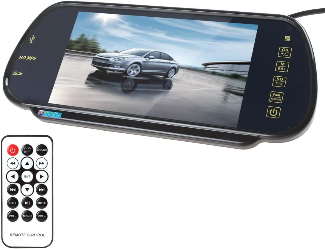 ePathChina 7 inch TFT-LCD High Definition Digital Panel Color Car Rear View Monitor with Bluetooth MP5 and FM Transmitter Function 7W DC 12V Vehicle Rearview Mirror Monitor Support 2 Video / Audio Input and MMC / MS / SD Card & USB Flash Disk with IR Remote Control for Car DVD, VCD, Backup Camera, STB, Satellite Receiver & other Video Equipment