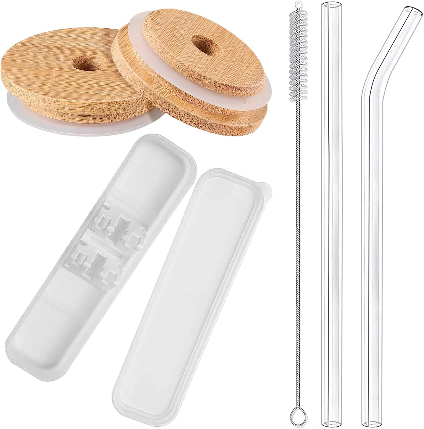Mason Jar Lids with Straw Hole，Wide Mouth Mason Jar Tumbler Lids，2 Packs Bamboo Lid with 2 Reusable Glass Straw，1 Straw Brushes，Jar Lids for Regular Mouth Mason Jar 70MM(No cups included)