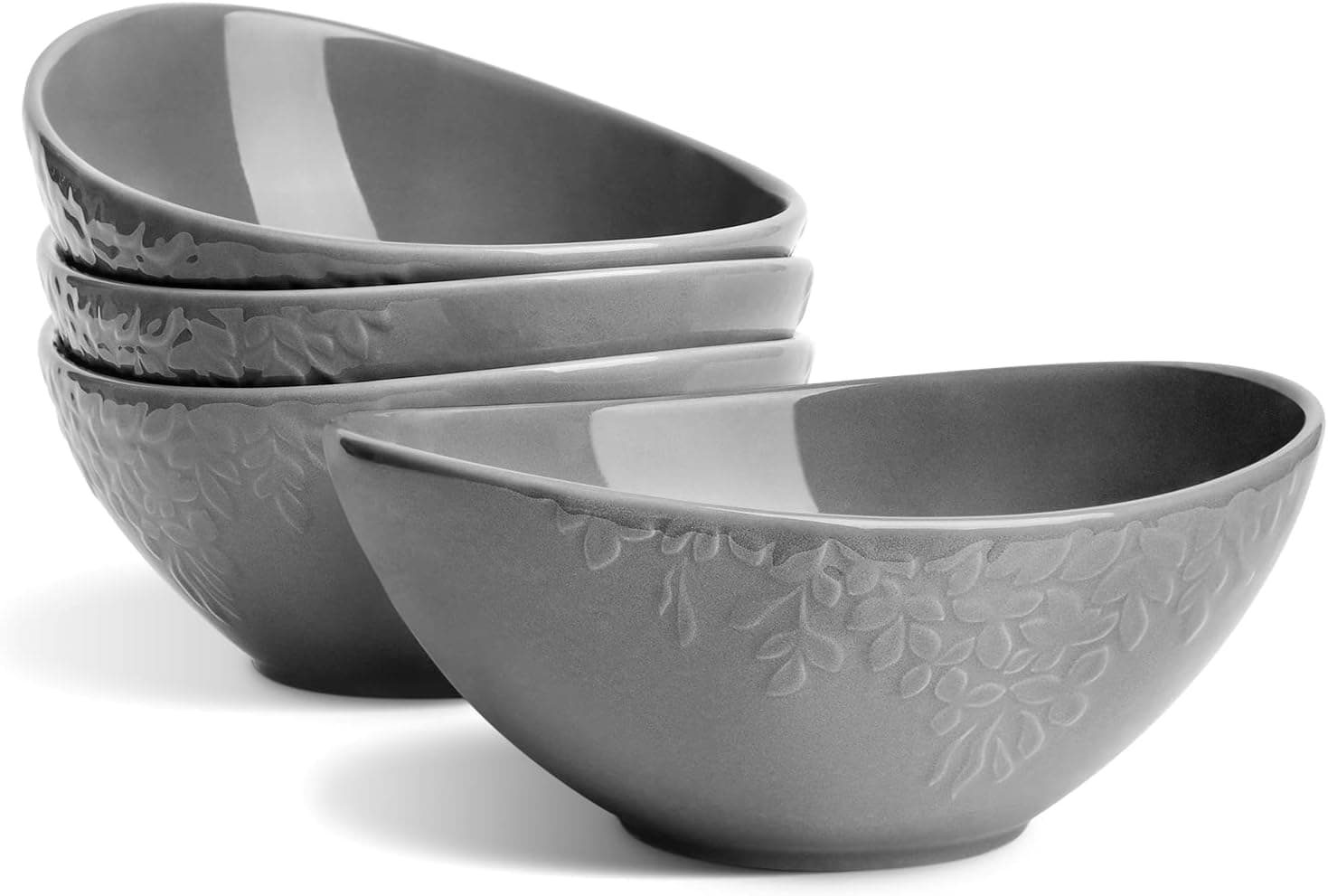 toptier Porcelain Bowls - 18 Ounce for Cereal, Salad, Dessert, Leaf Design Bowl - Set of 4, Gray