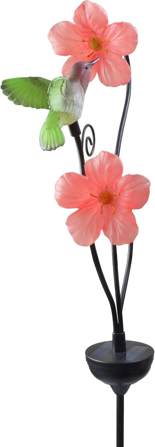 Moonrays 92548 Solar-Powered Hummingbird w/ Pink Habiscus Flowers Garden LED Metal Stake Light