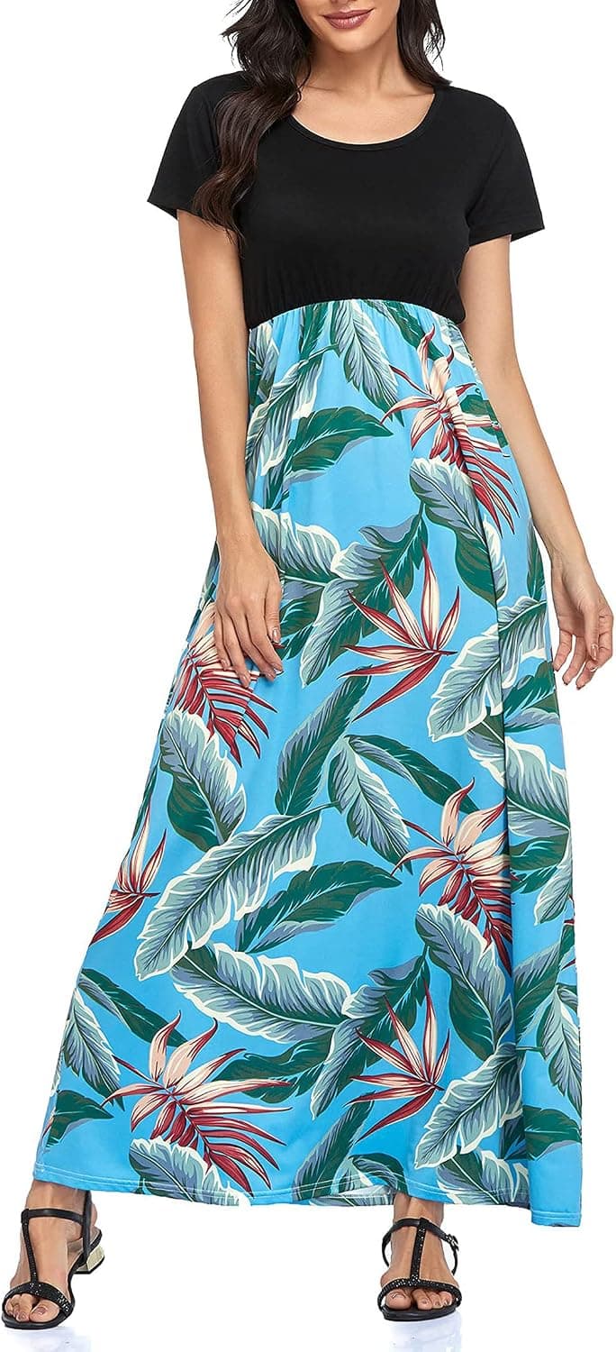 Lacavocor Womens Short Sleeve Maxi Dresses Empire Waist Casual Long Dress with Striped Floral Print